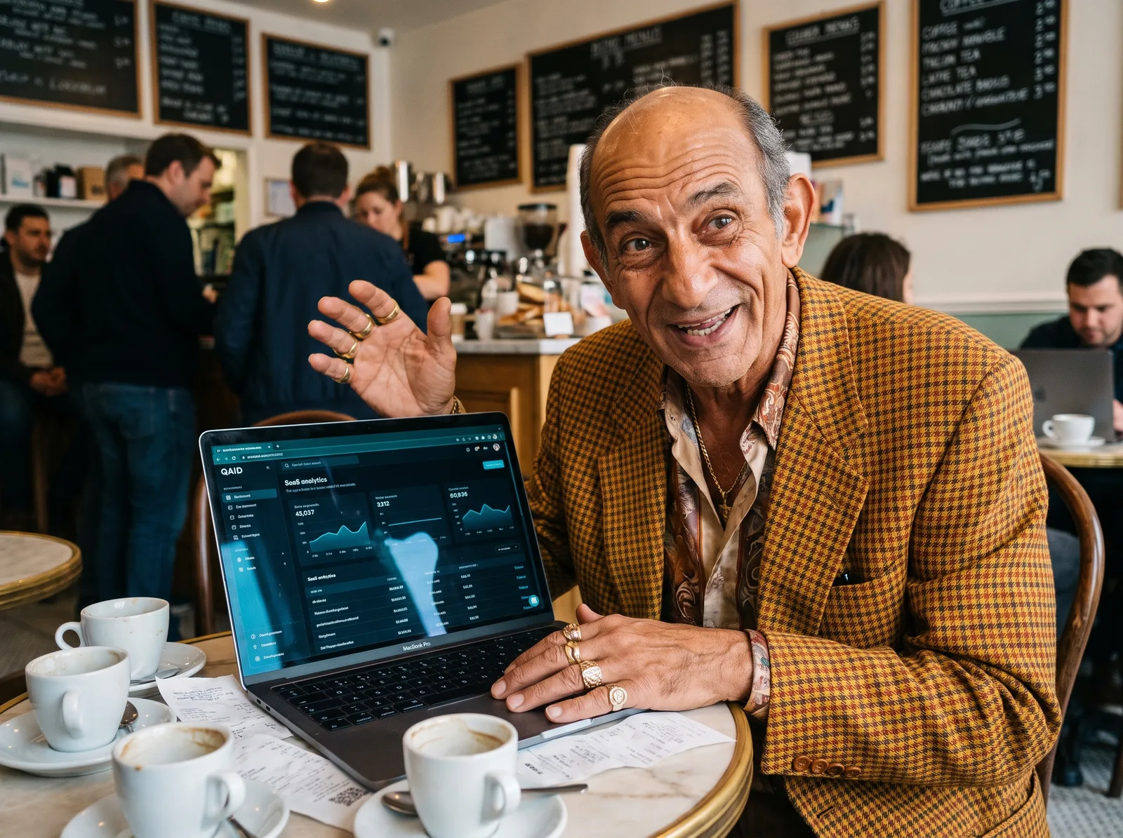 An engineer from Tallyhouse working in a coffee shop